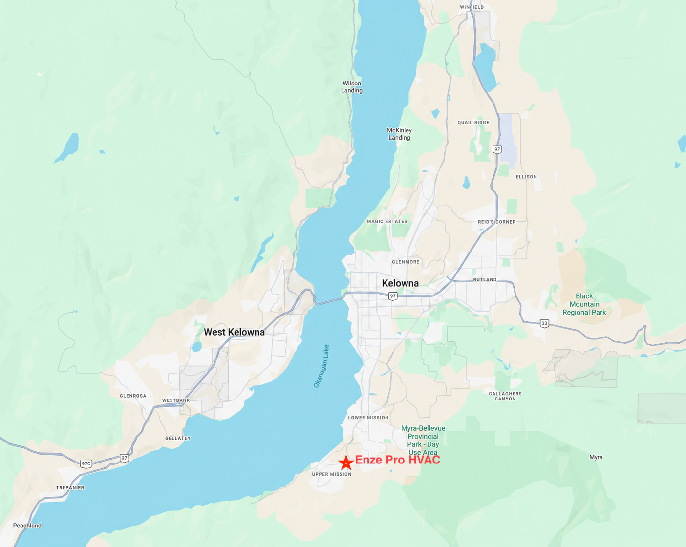 Kelowna, West Kelowna, Okanagan Lake, and Enze Pro HVAC service area map
