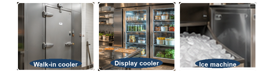 Walk-in cooler, display cooler, and ice machine examples