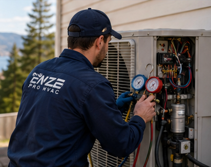 Technician reviewing HVAC service equipment