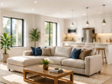 Bright living room with home comfort equipment context